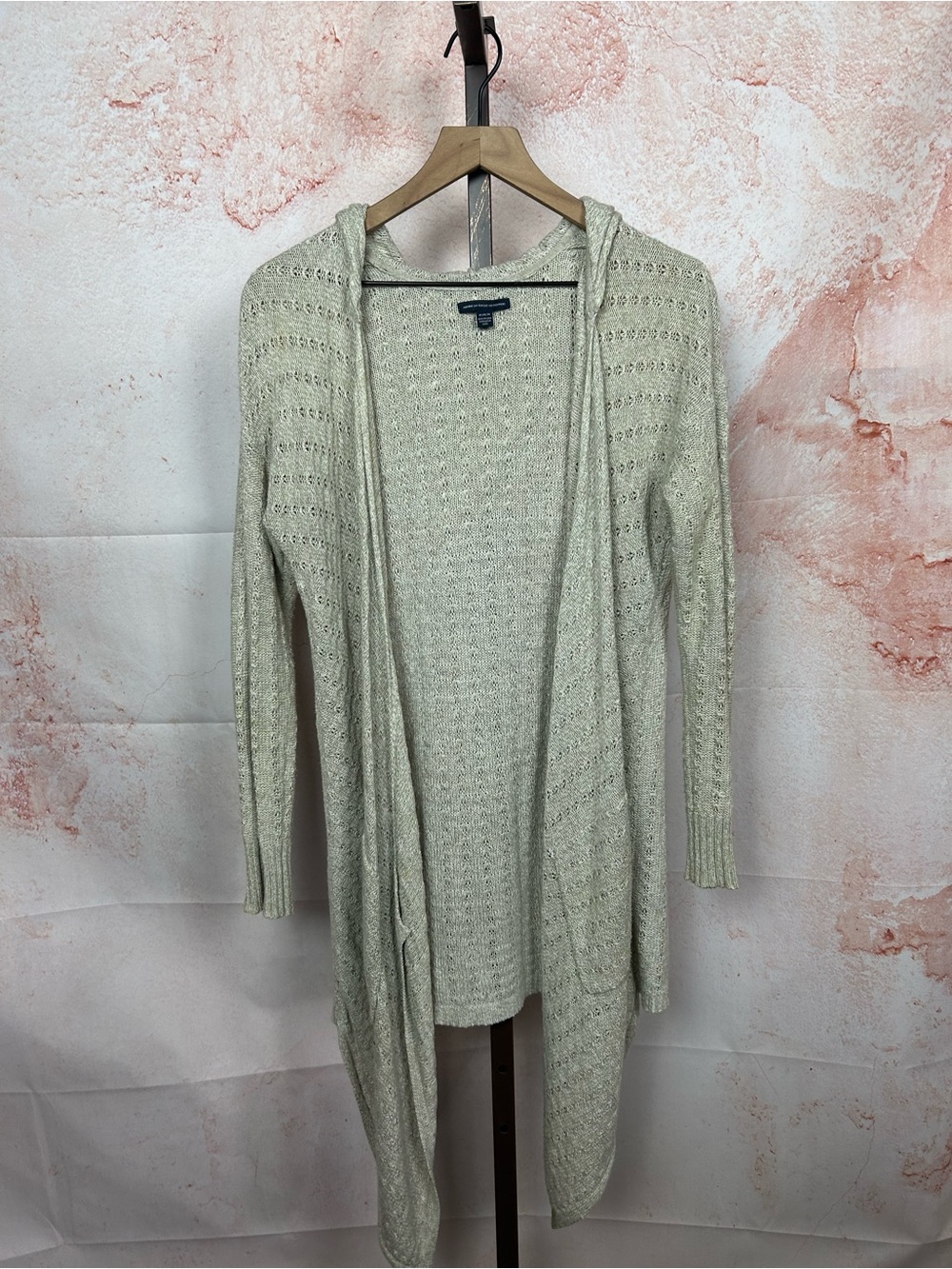 AMERICAN EAGLE knit hoodie cardigan sweater size Medium open front tan beige